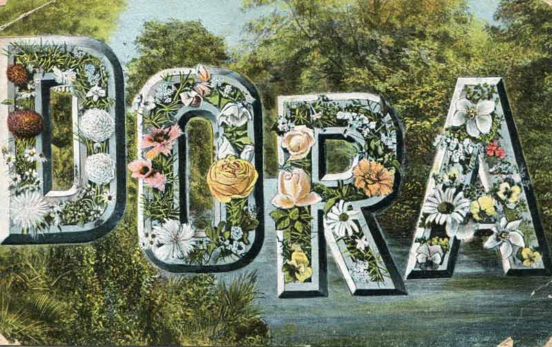 Historische Postkarte mit "Dora"-Schriftzug, um 1906